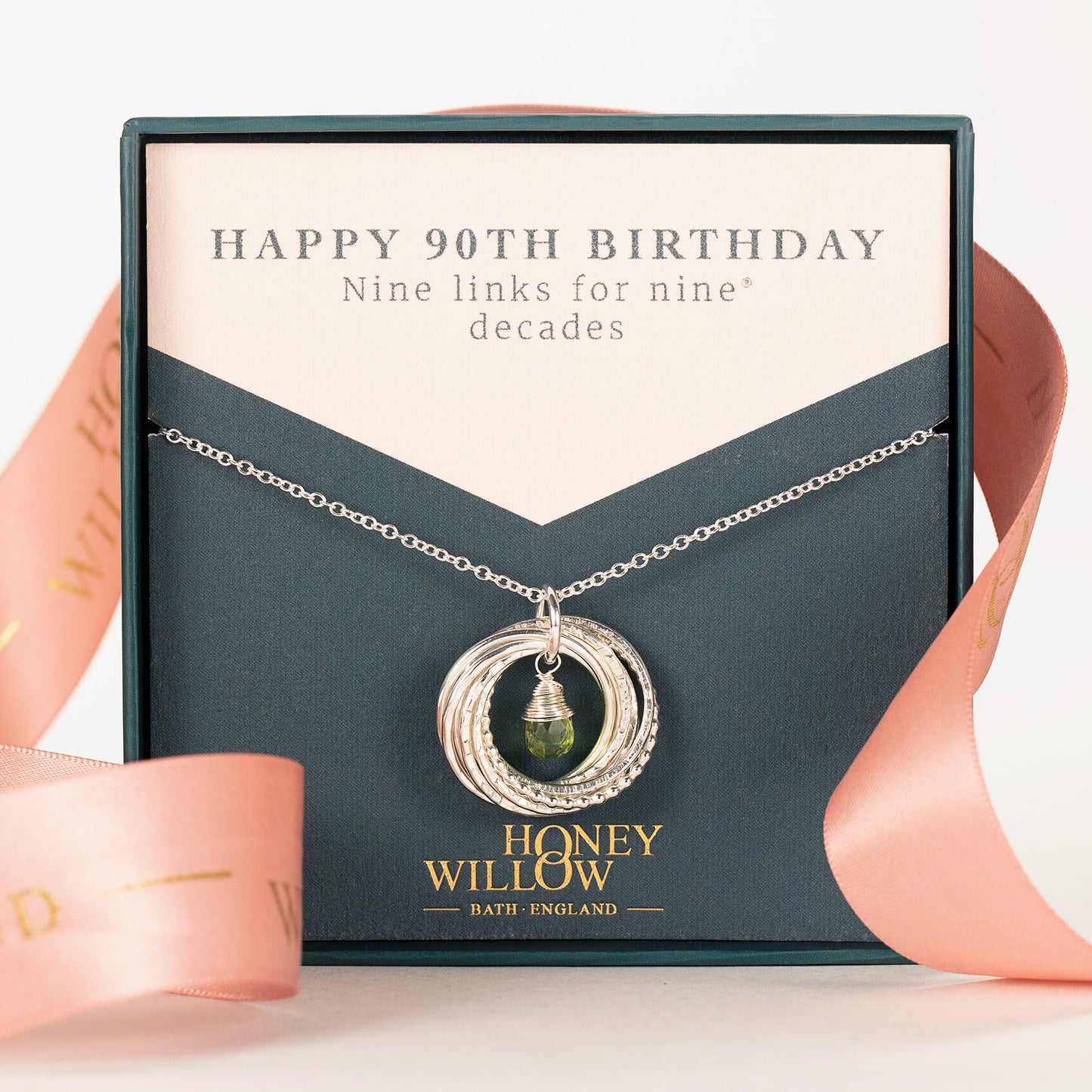 90th Birthday Birthstone Necklace - The Original 9 Links for 9 Decades - Silver