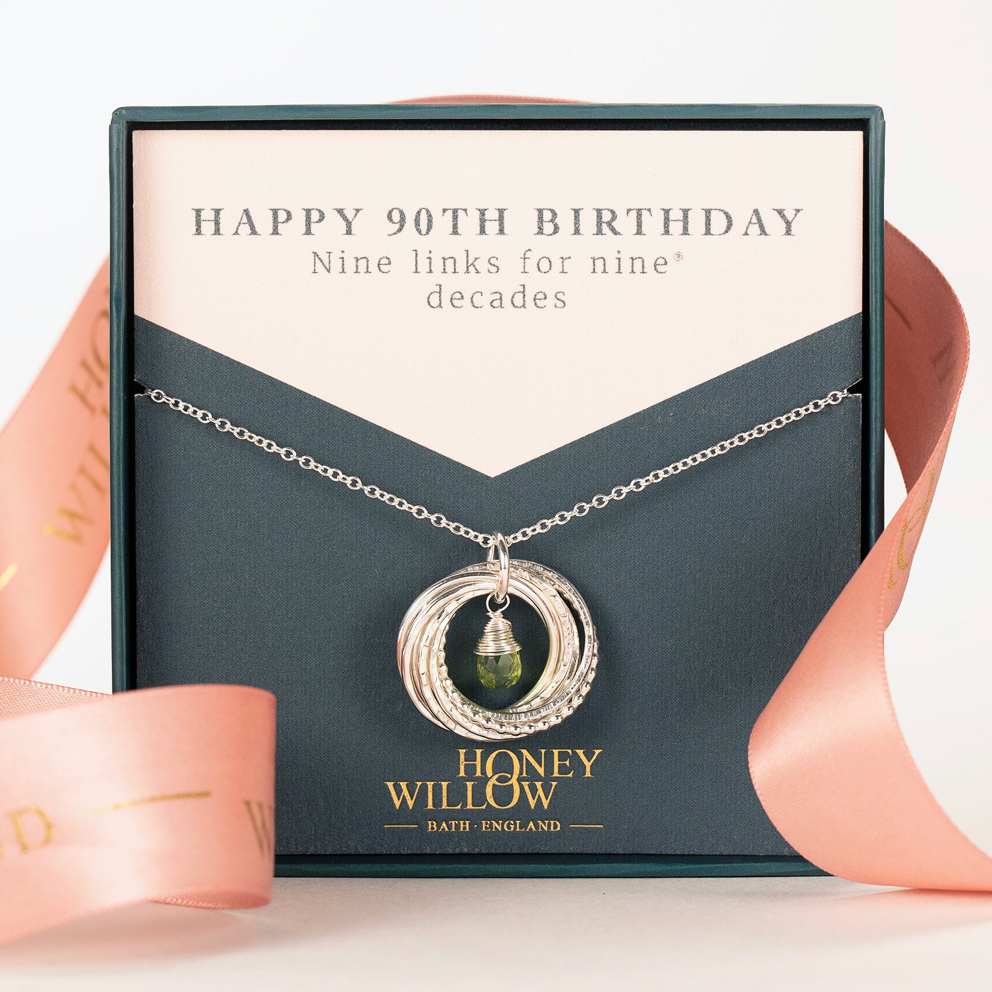 90th Birthday Birthstone Necklace - The Original 9 Links for 9 Decades - Silver