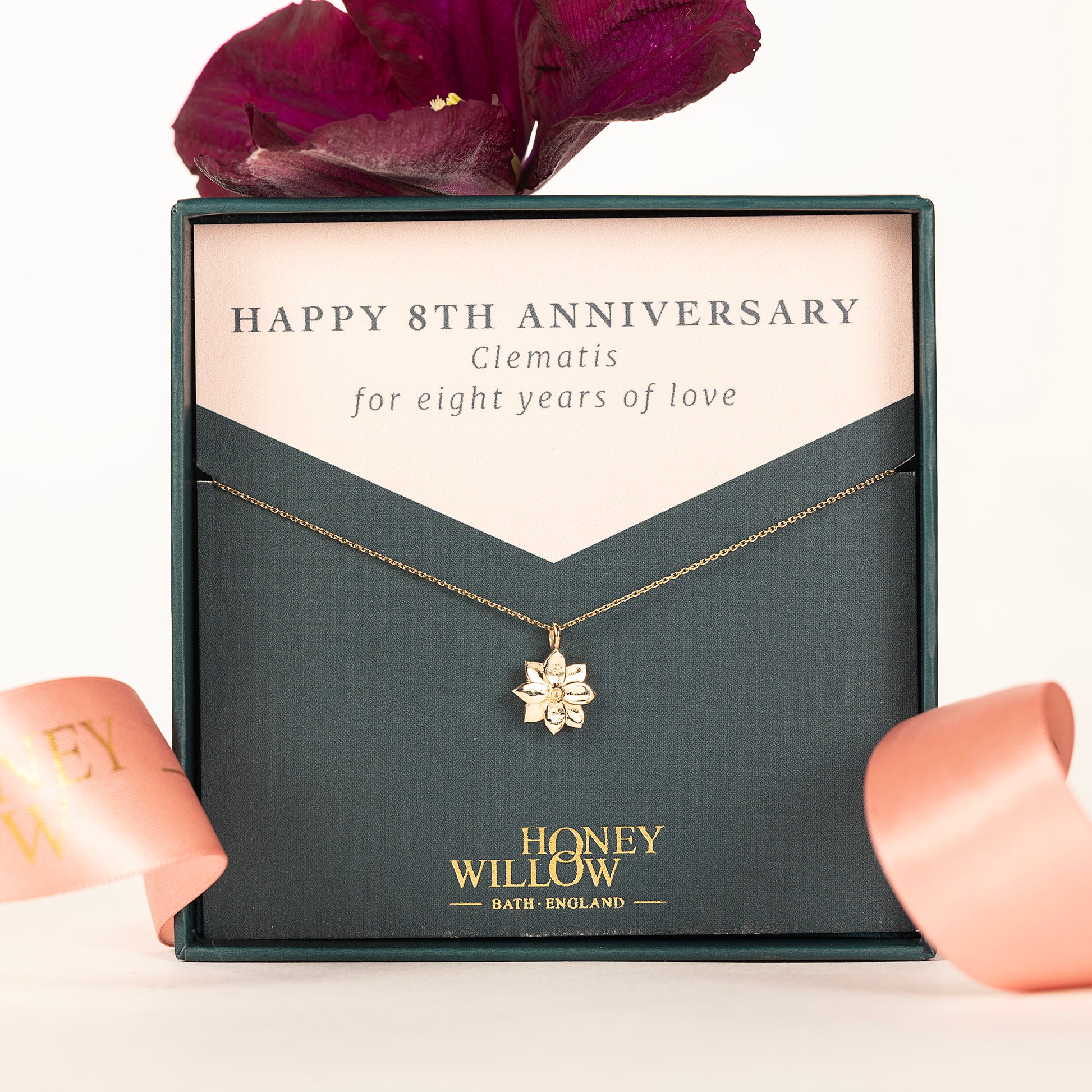 8th Anniversary Gift - Clematis Flower Necklace - 9kt Gold