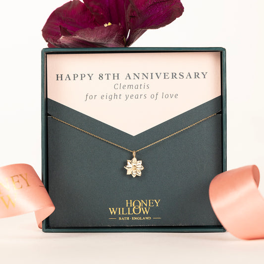 8th Anniversary Gift - Clematis Flower Necklace - 9kt Gold