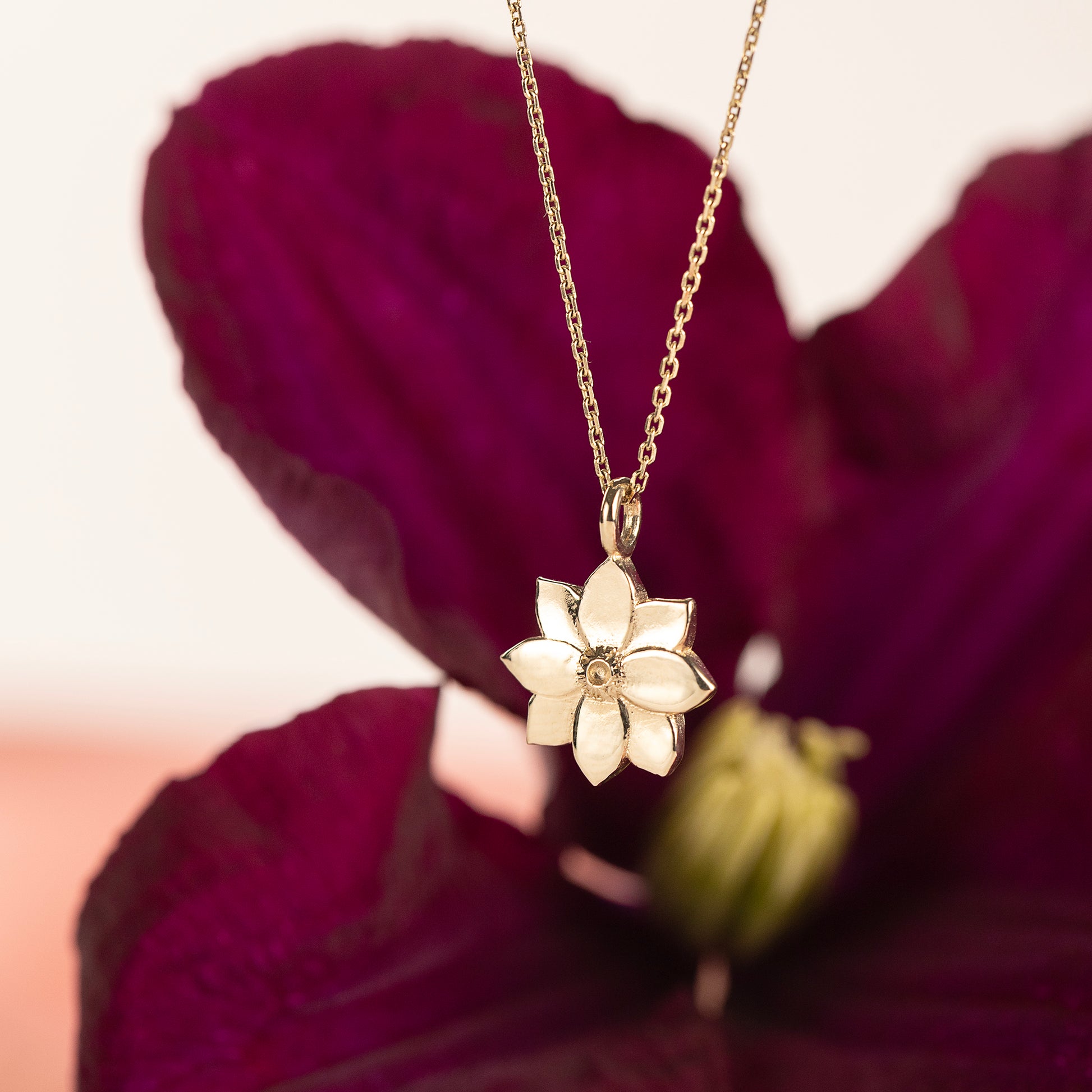 8th Anniversary Gift - Clematis Flower Necklace - 9kt Gold