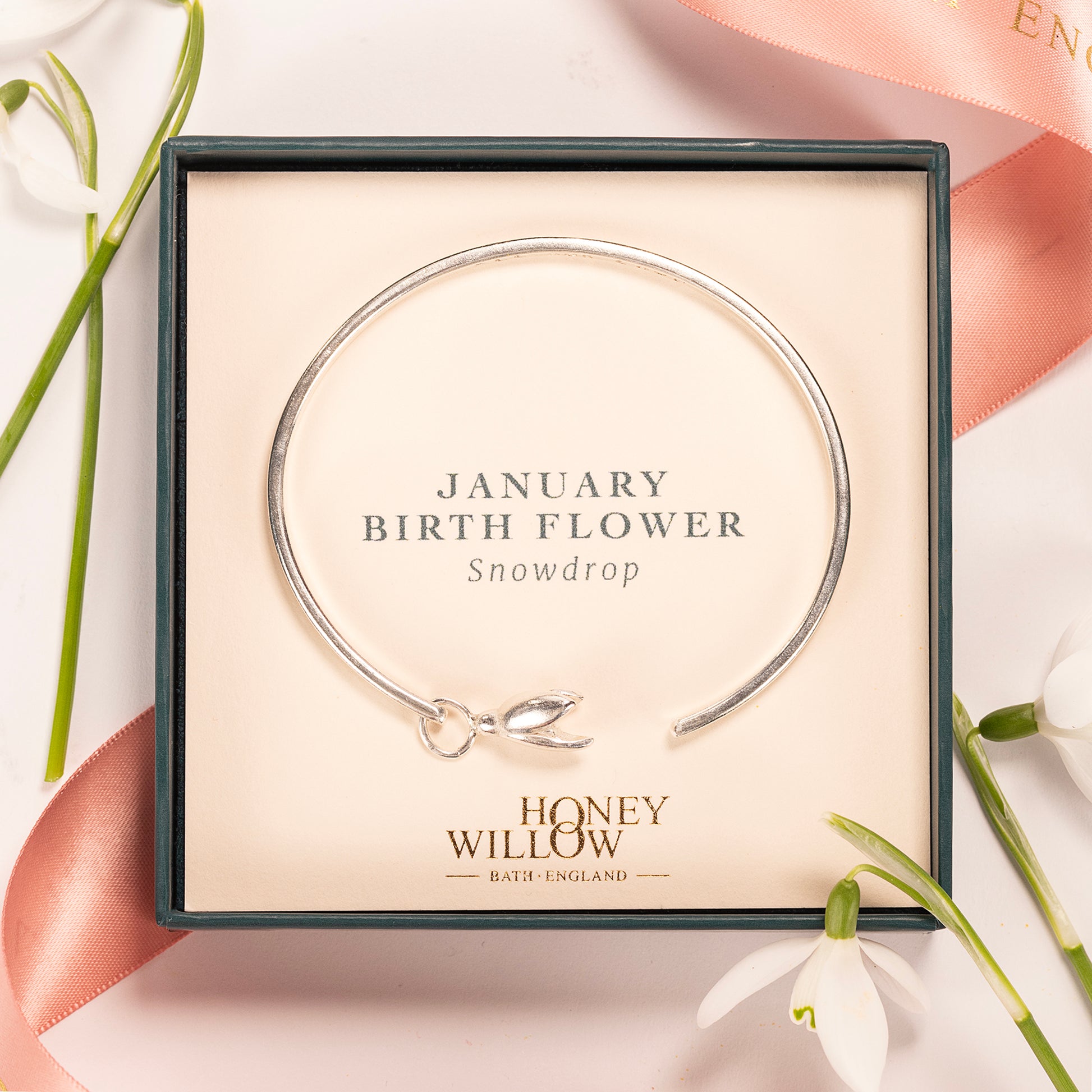 January Birth Flower Jewellery - Personalised Snowdrop Open Cuff Bangle - Silver