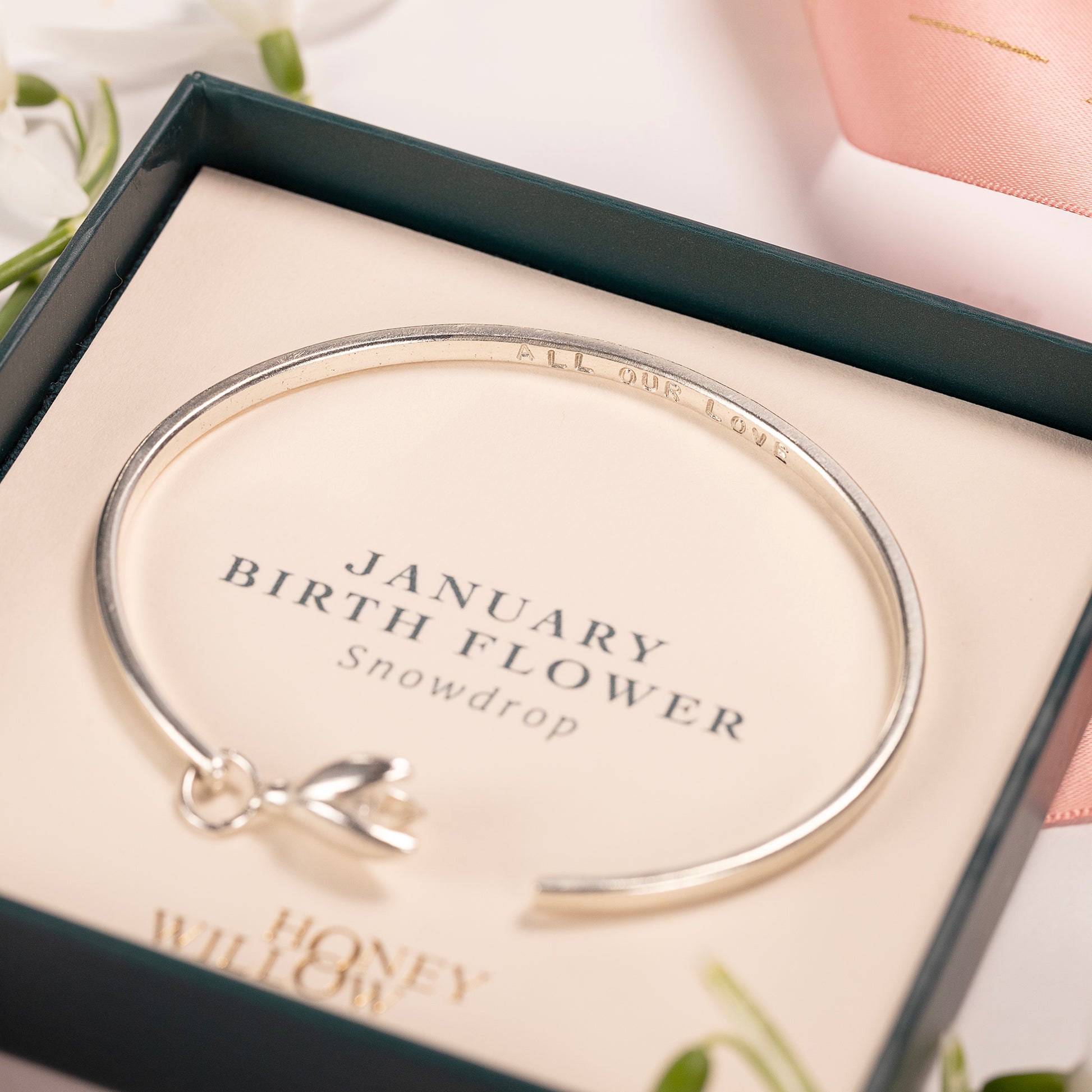January Birth Flower Jewellery - Personalised Snowdrop Open Cuff Bangle - Silver