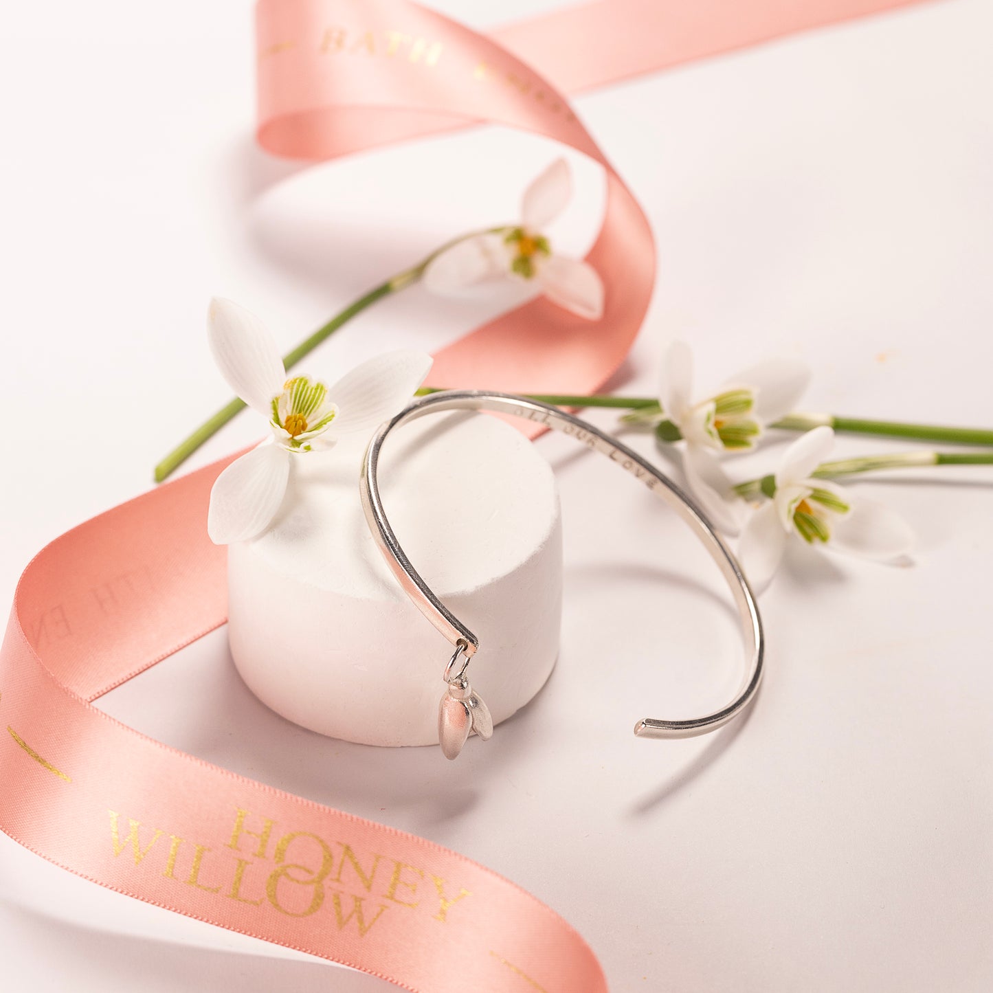 January Birth Flower Jewellery - Personalised Snowdrop Open Cuff Bangle - Silver
