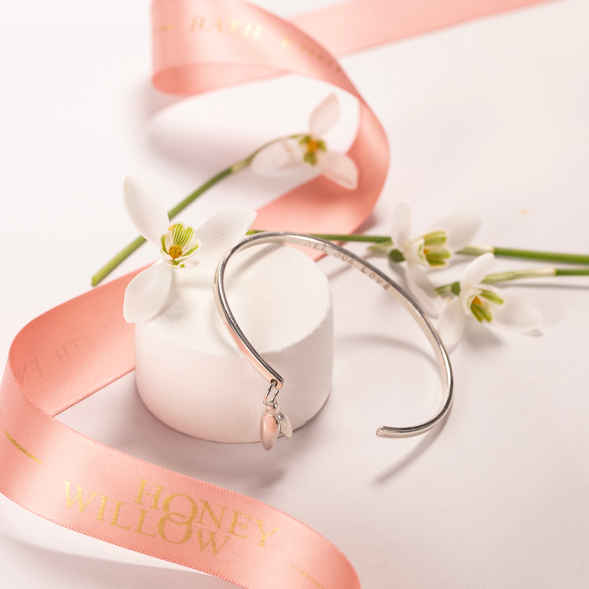 January Birth Flower Jewellery - Personalised Snowdrop Open Cuff Bangle - Silver