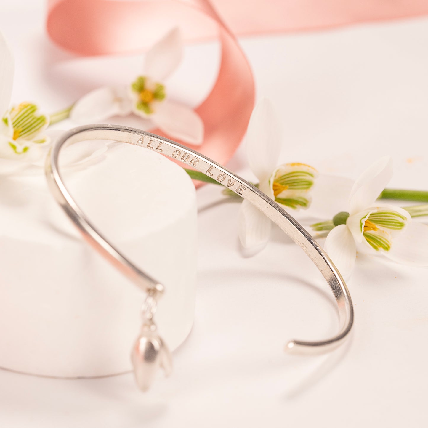 January Birth Flower Jewellery - Personalised Snowdrop Open Cuff Bangle - Silver