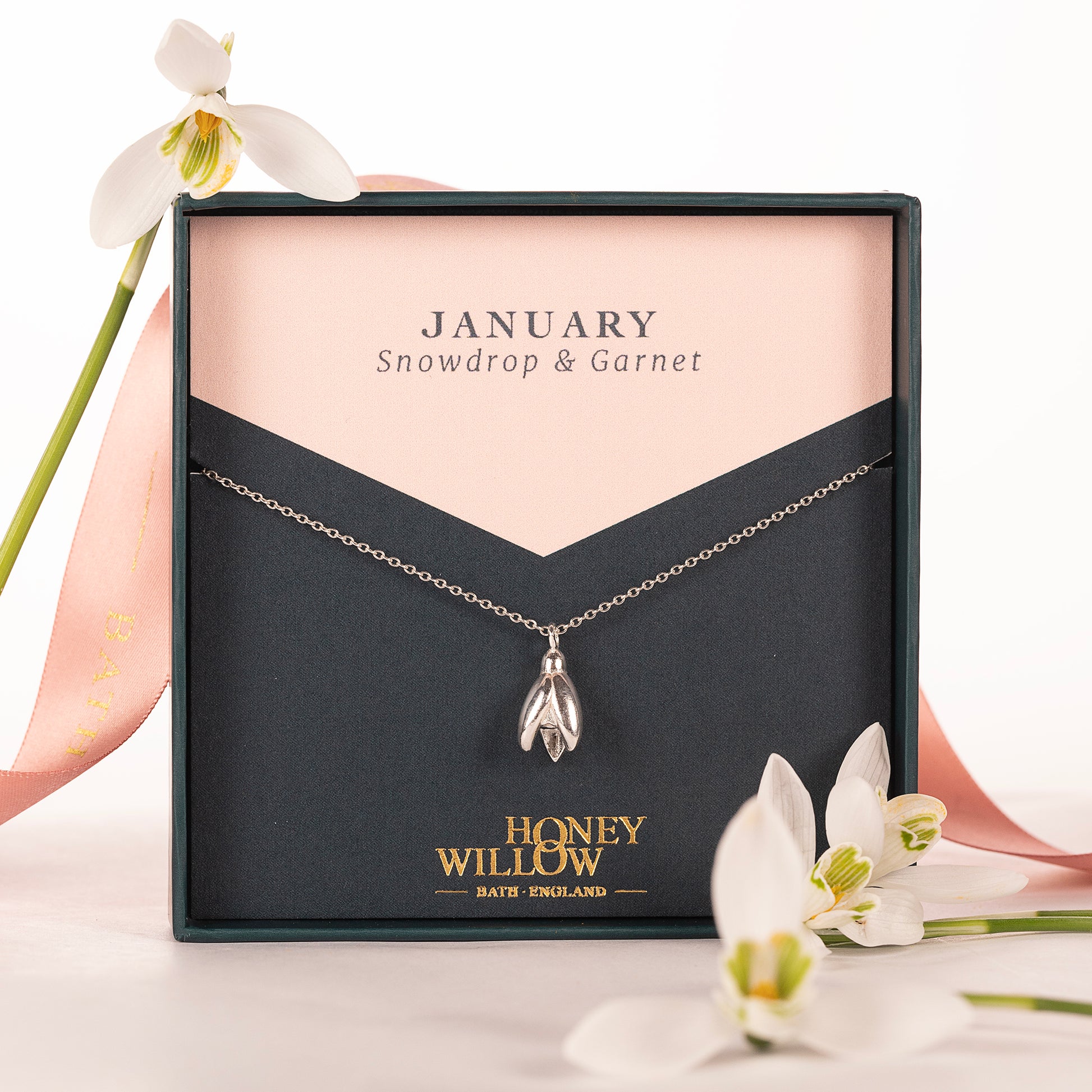 January Birth Flower & Birthstone Necklace - Snowdrop & Garnet - Silver