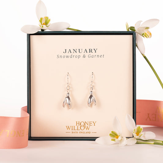 January Birth Flower & Birthstone Earrings - Snowdrop - Silver