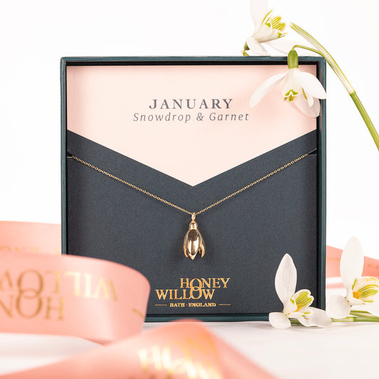 January Birth Flower & Birthstone Necklace - Snowdrop & Garnet - 9kt Gold