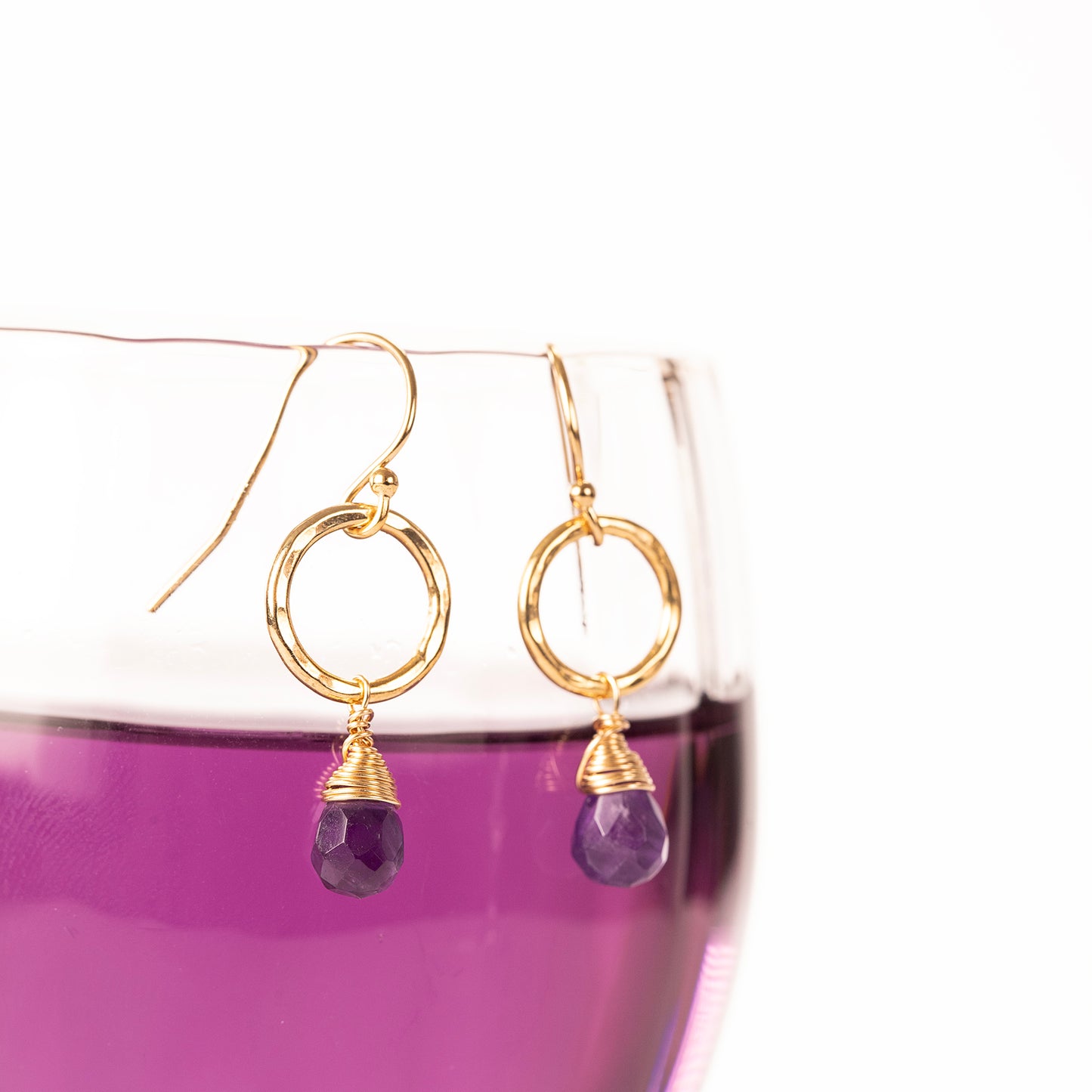 February Birthstone Circle Earrings - Amethyst - Silver & Gold