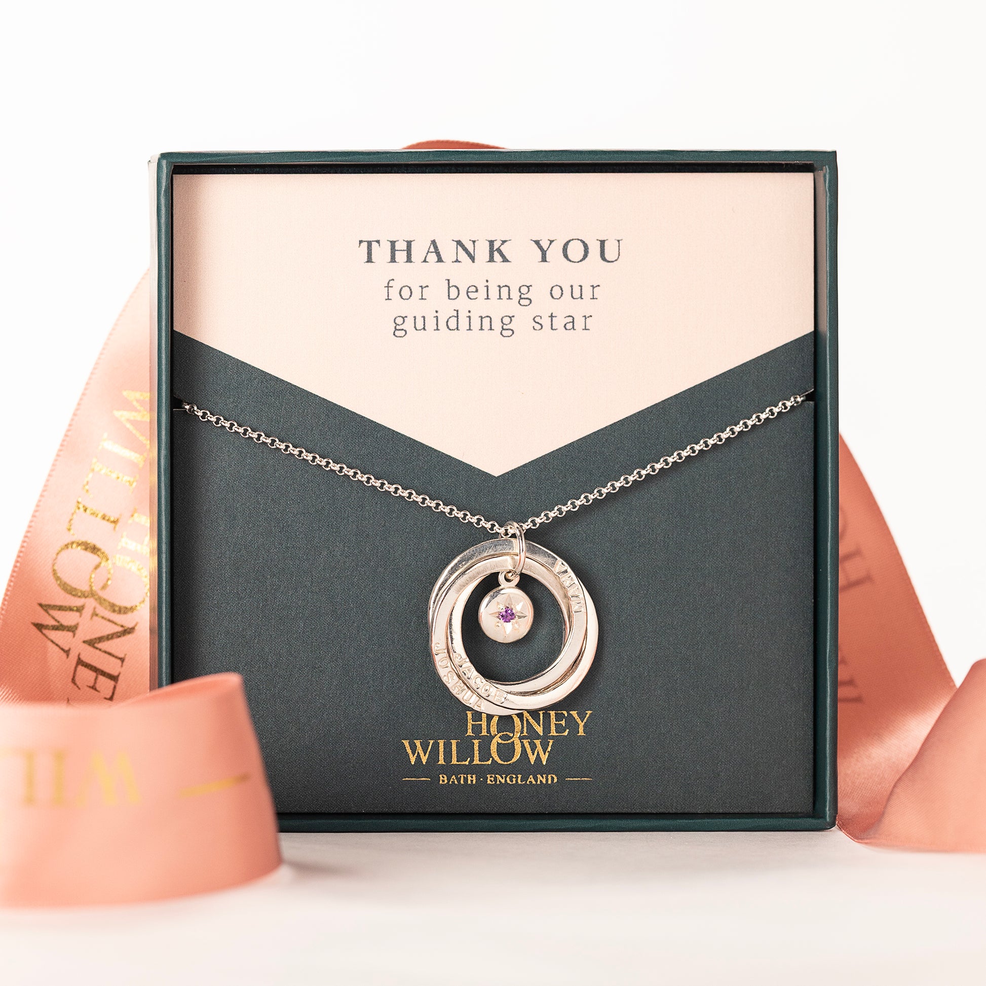 Personalised 3 Link Family Name Birthstone Star Set Necklace - Silver