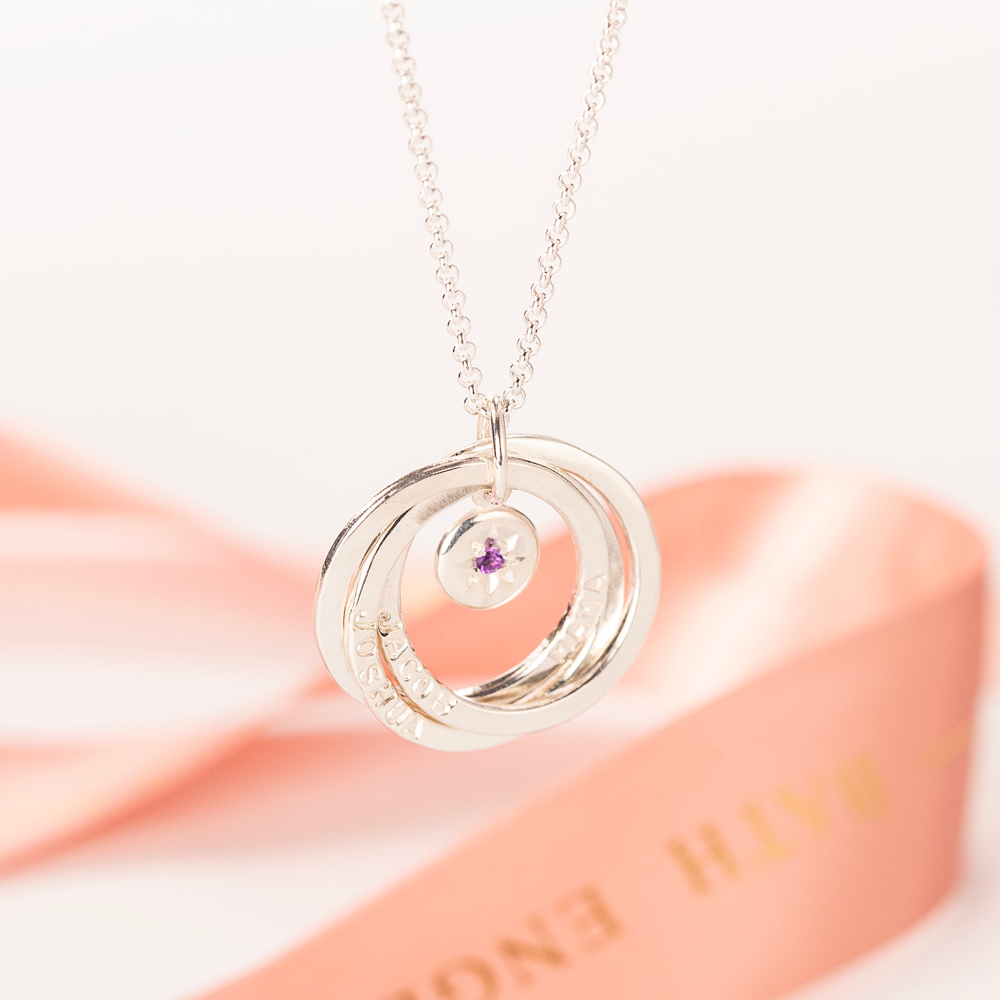 Personalised 3 Link Family Name Birthstone Star Set Necklace - Silver