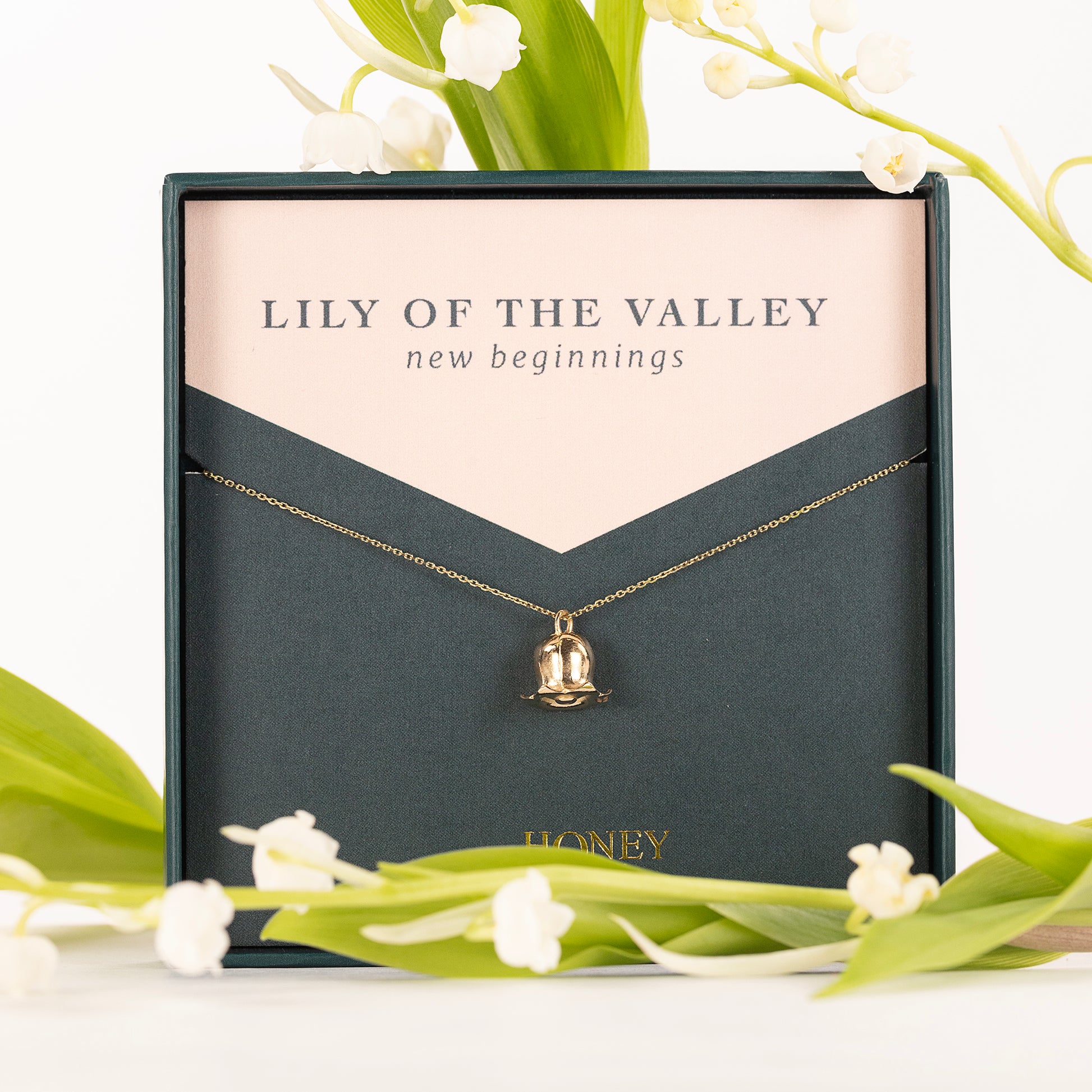 lily flower jewellery Lily of the Valley Flower Necklace - New Beginnings - 9kt Gold 18" chain
