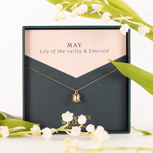May Birth Flower & Birthstone Necklace - Lily of the Valley & Emerald  - 9kt Gold