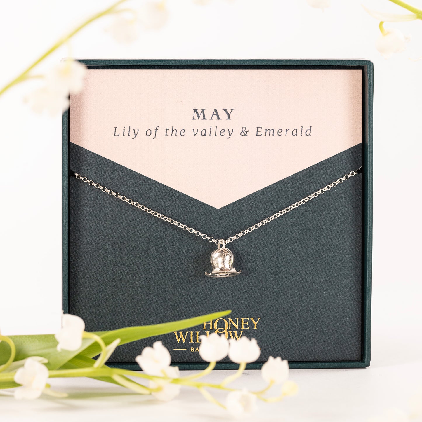 mint and lily birth flower necklace May Birth Flower & Birthstone Necklace - Lily of the Valley & Emerald - Silver 16" Chain