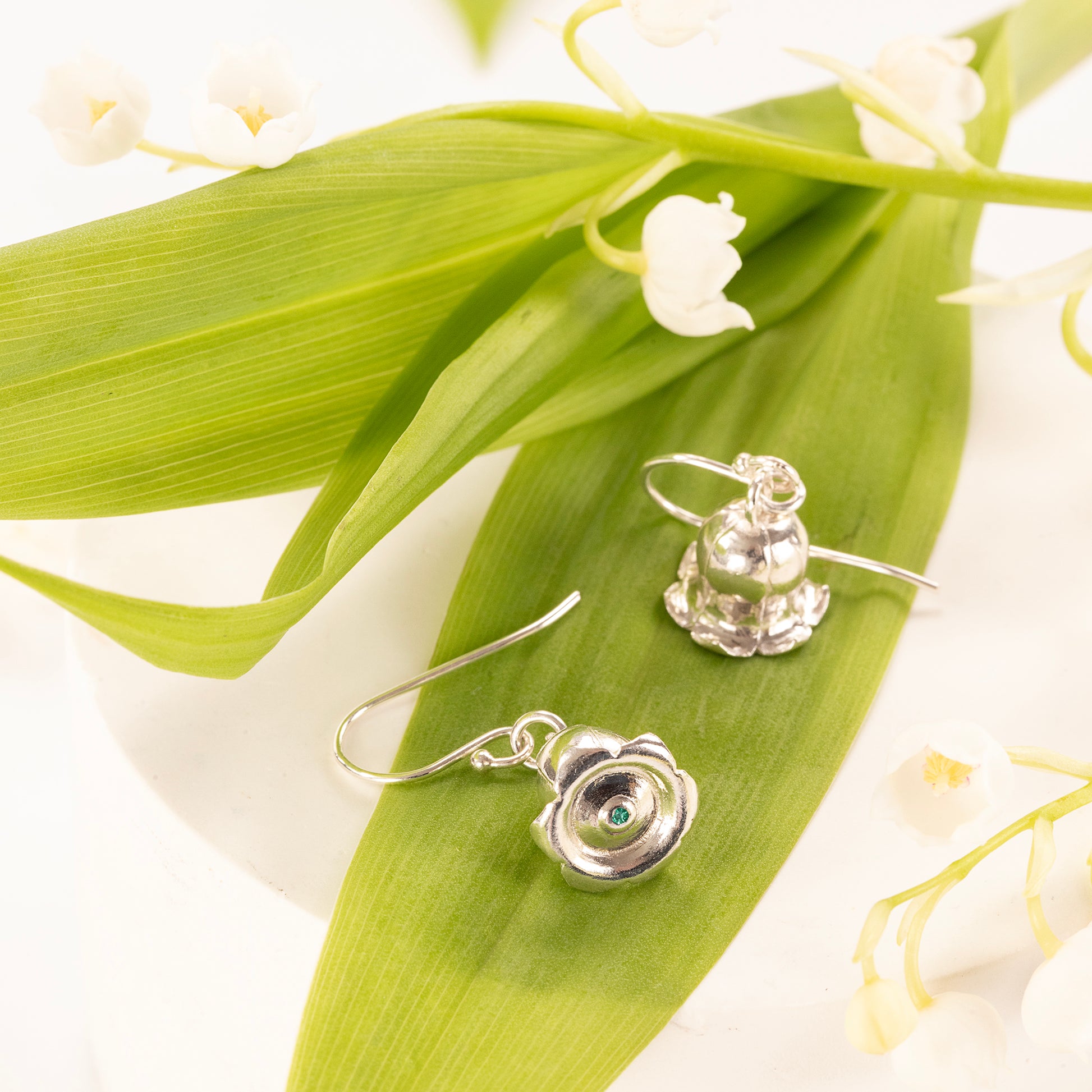 May Birth Flower & Birth Stone Earrings - Lily of the Valley & Emerald  - Silver