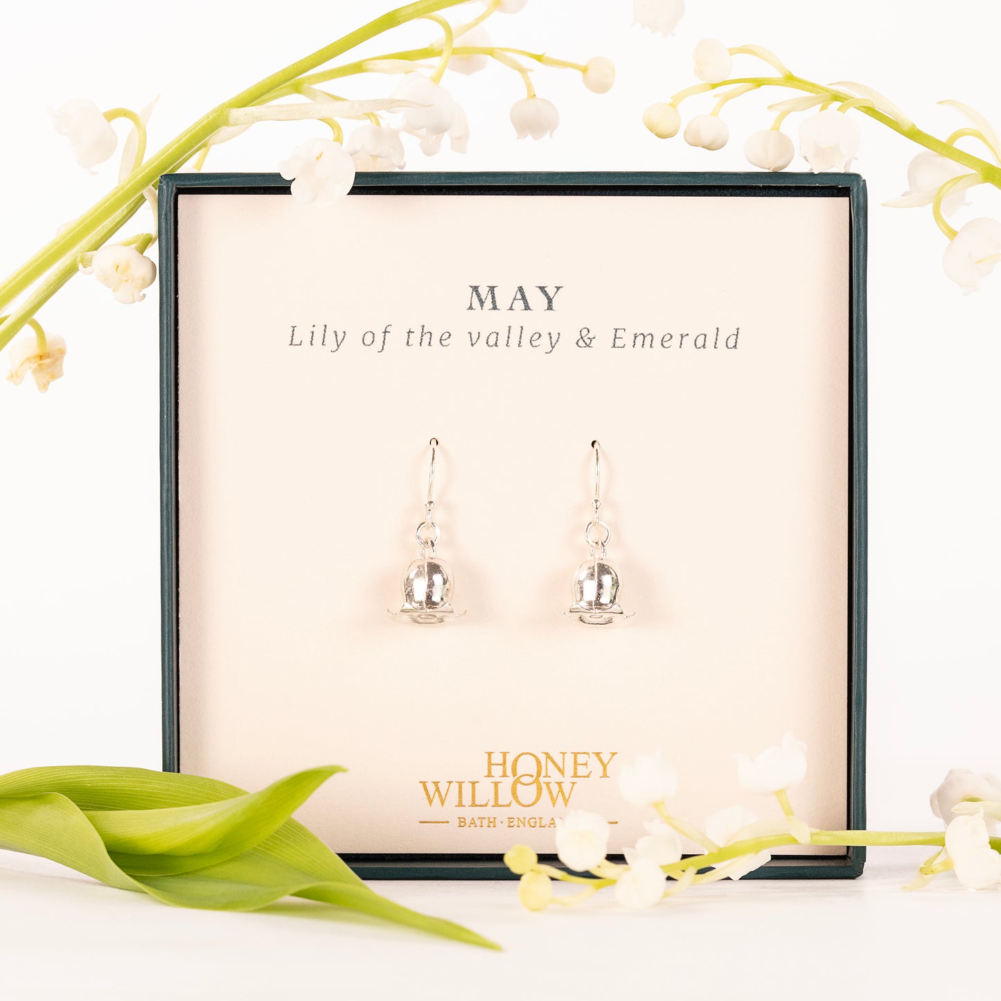 May Birth Flower & Birth Stone Earrings - Lily of the Valley & Emerald  - Silver