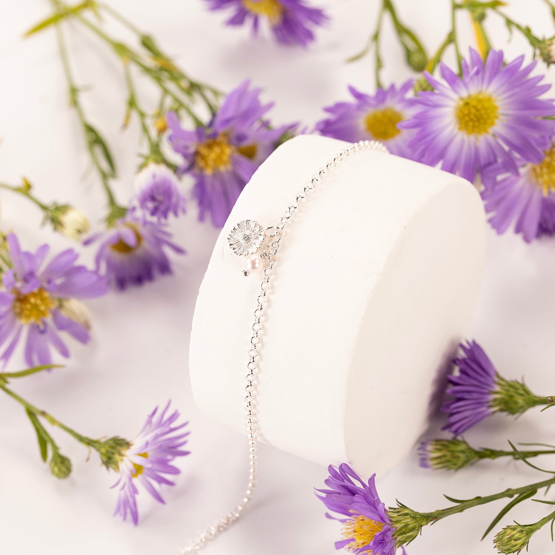 Delicate Aster Flower Bracelet - Wisdom - Silver & Pearl