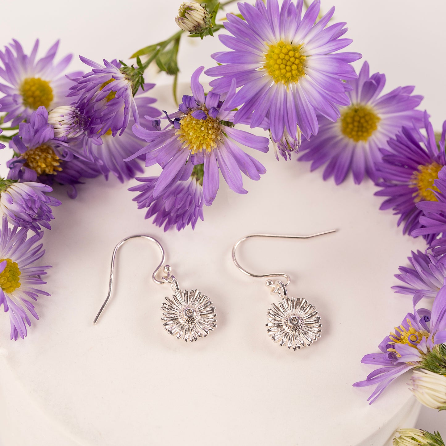 20th Anniversary Gift - Aster Flower Earrings - Silver