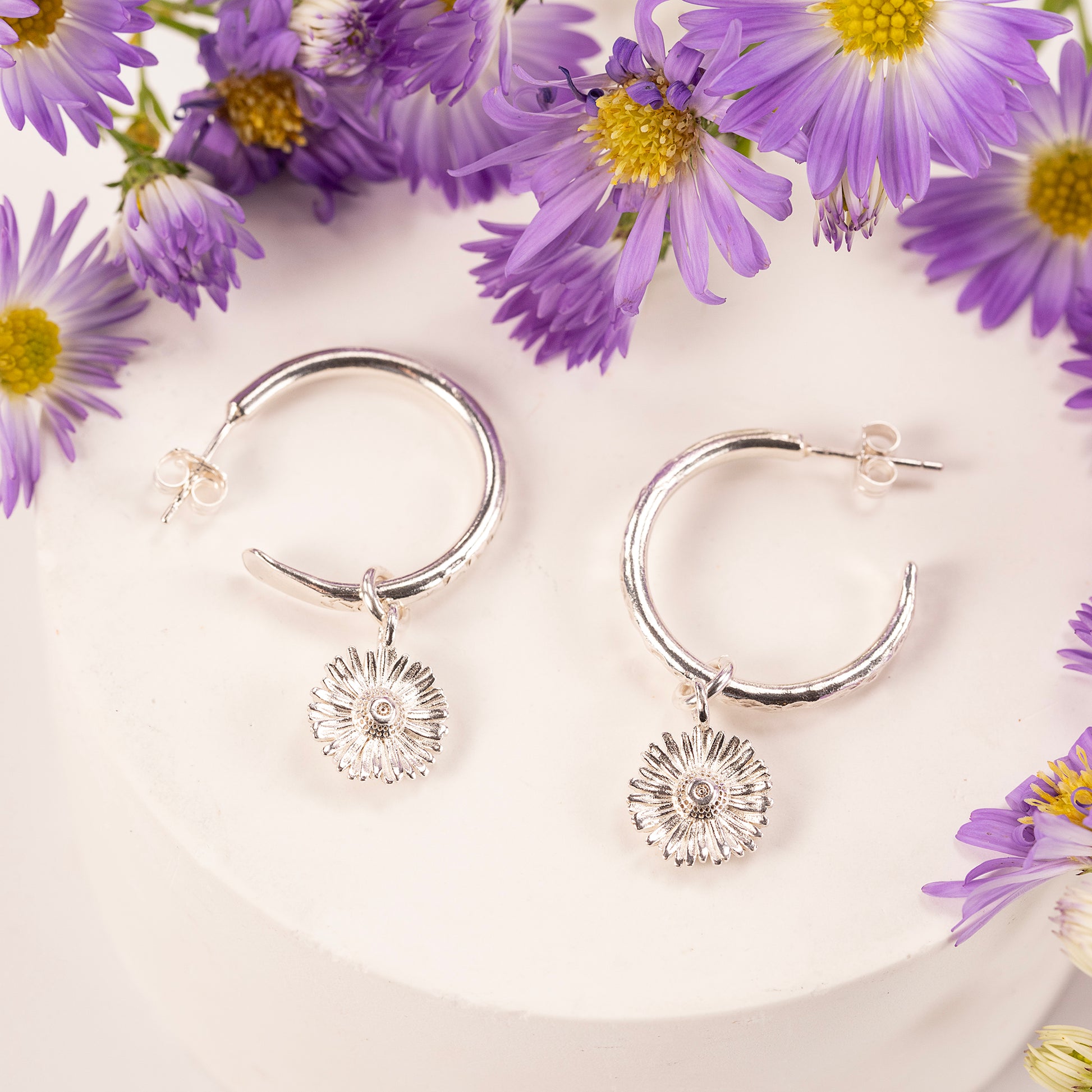 20th Anniversary Gift - Aster Flower Hoop Earrings - Silver