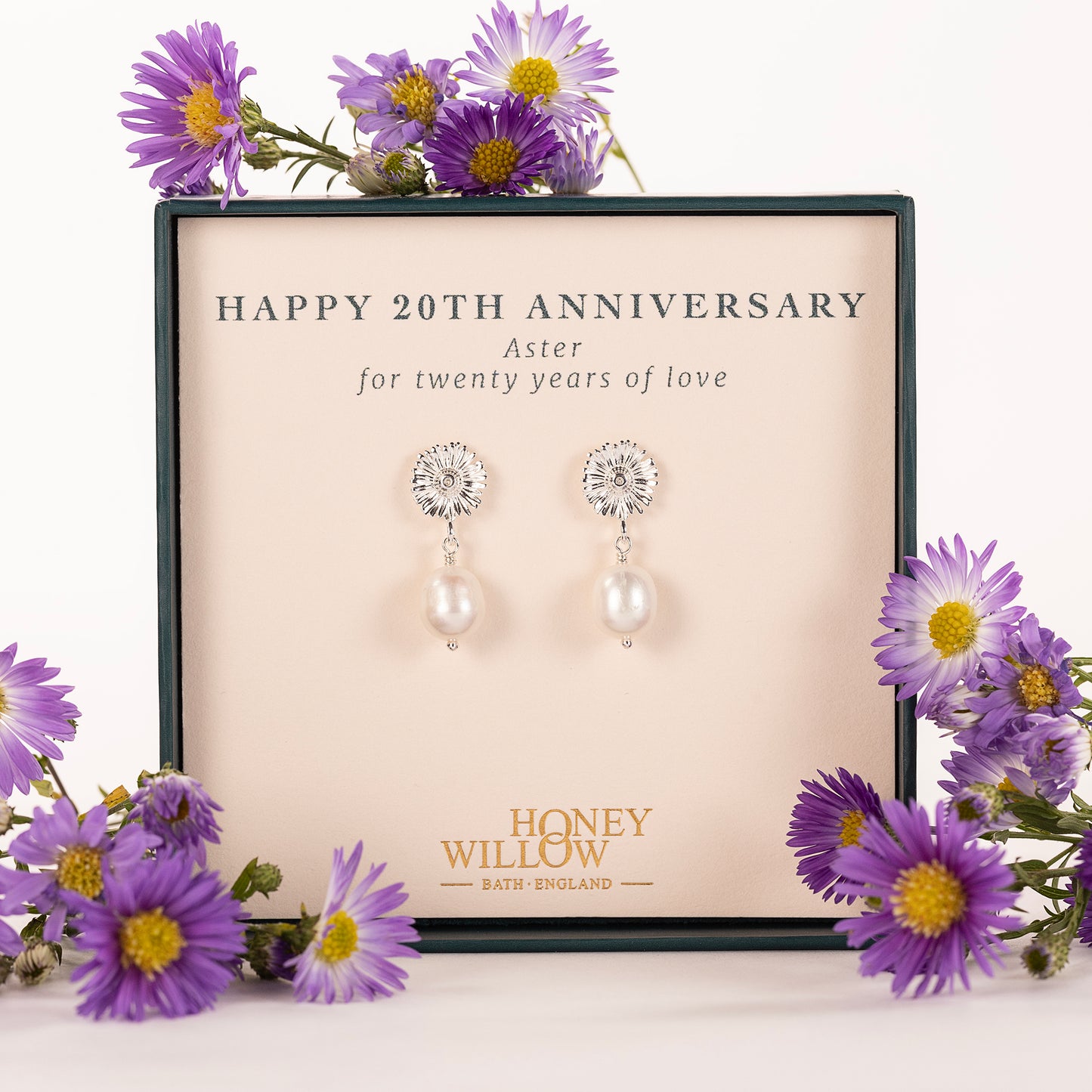 20th Anniversary Gift - Aster Earrings - Silver & Pearl