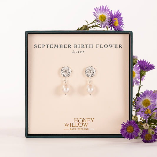 September Birth Flower Earrings - Aster - Silver & Pearl