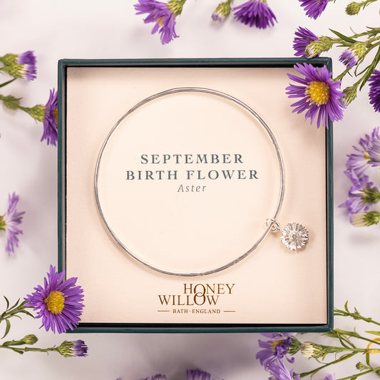 September Birth Flower Jewellery - Personalised Aster Bangle - Silver