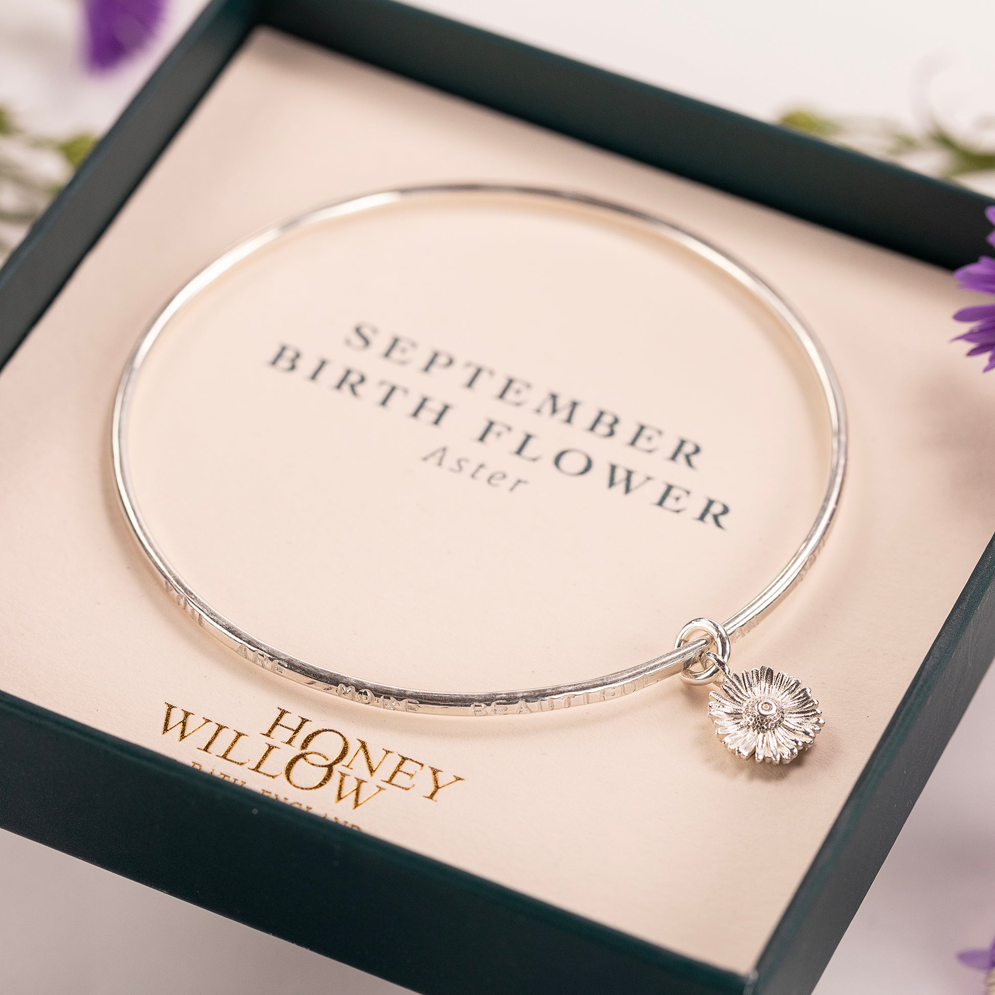 September Birth Flower Jewellery - Personalised Aster Bangle - Silver