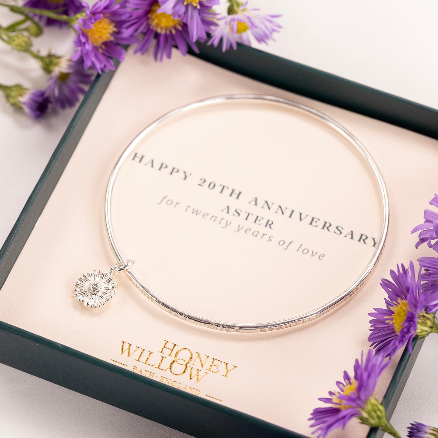 20th Anniversary Gift - Personalised Aster Flower Bangle - Silver