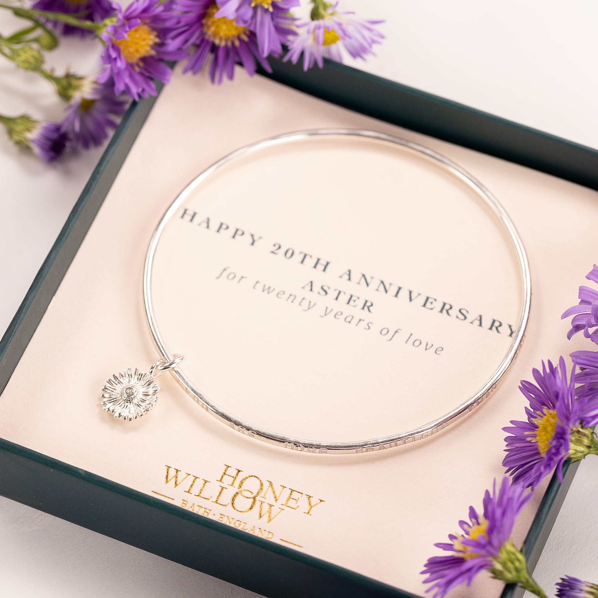 20th Anniversary Gift - Personalised Aster Flower Bangle - Silver