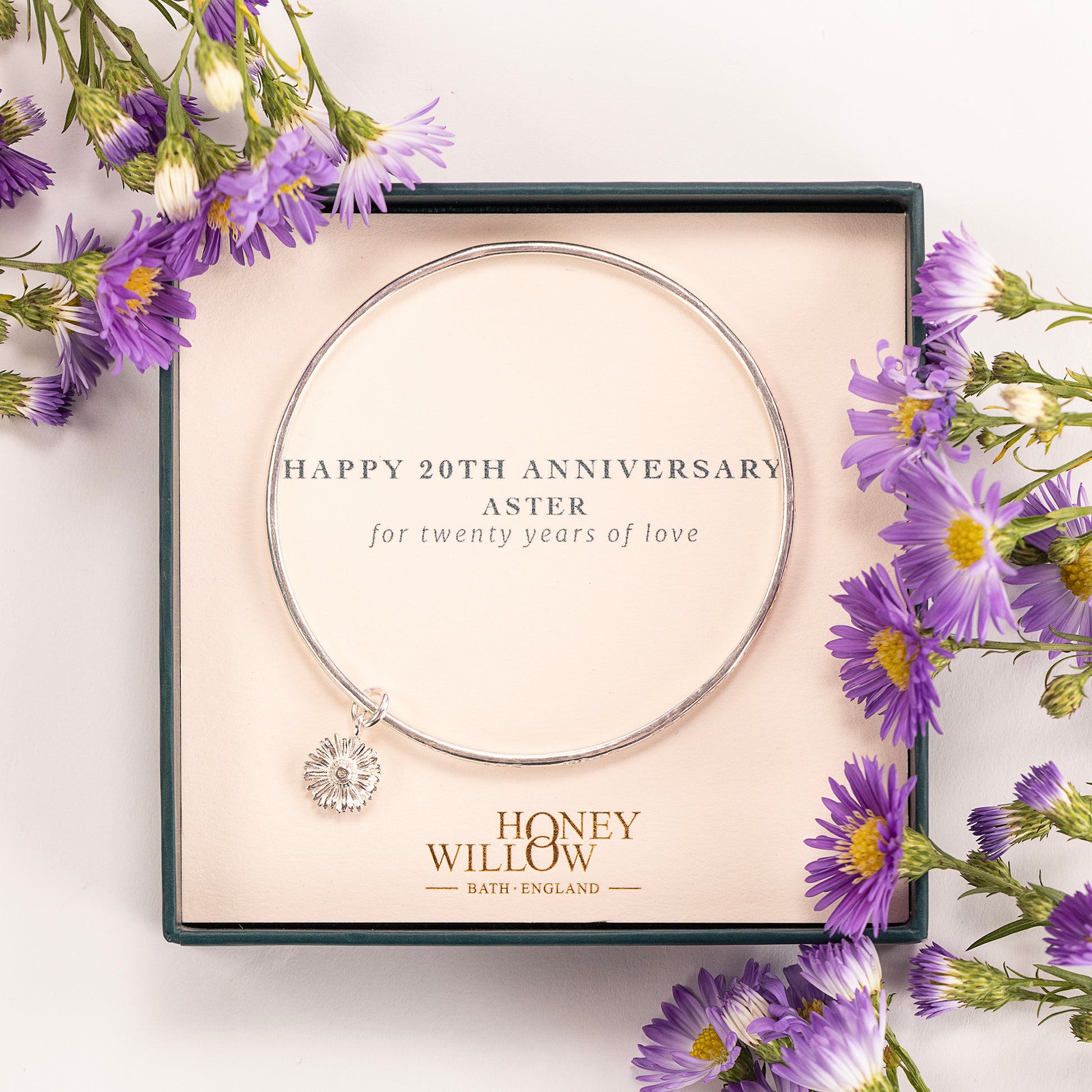 20th Anniversary Gift - Personalised Aster Flower Bangle - Silver