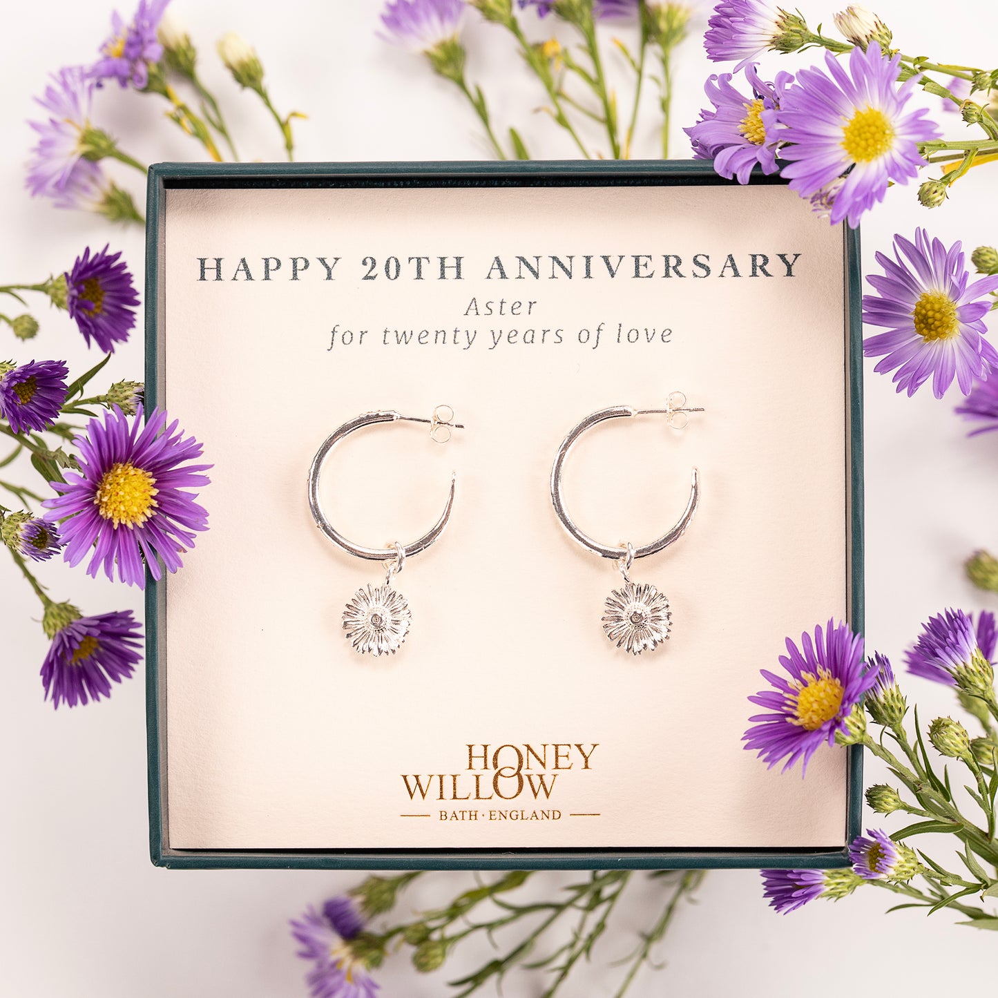 20th Anniversary Gift - Aster Flower Hoop Earrings - Silver
