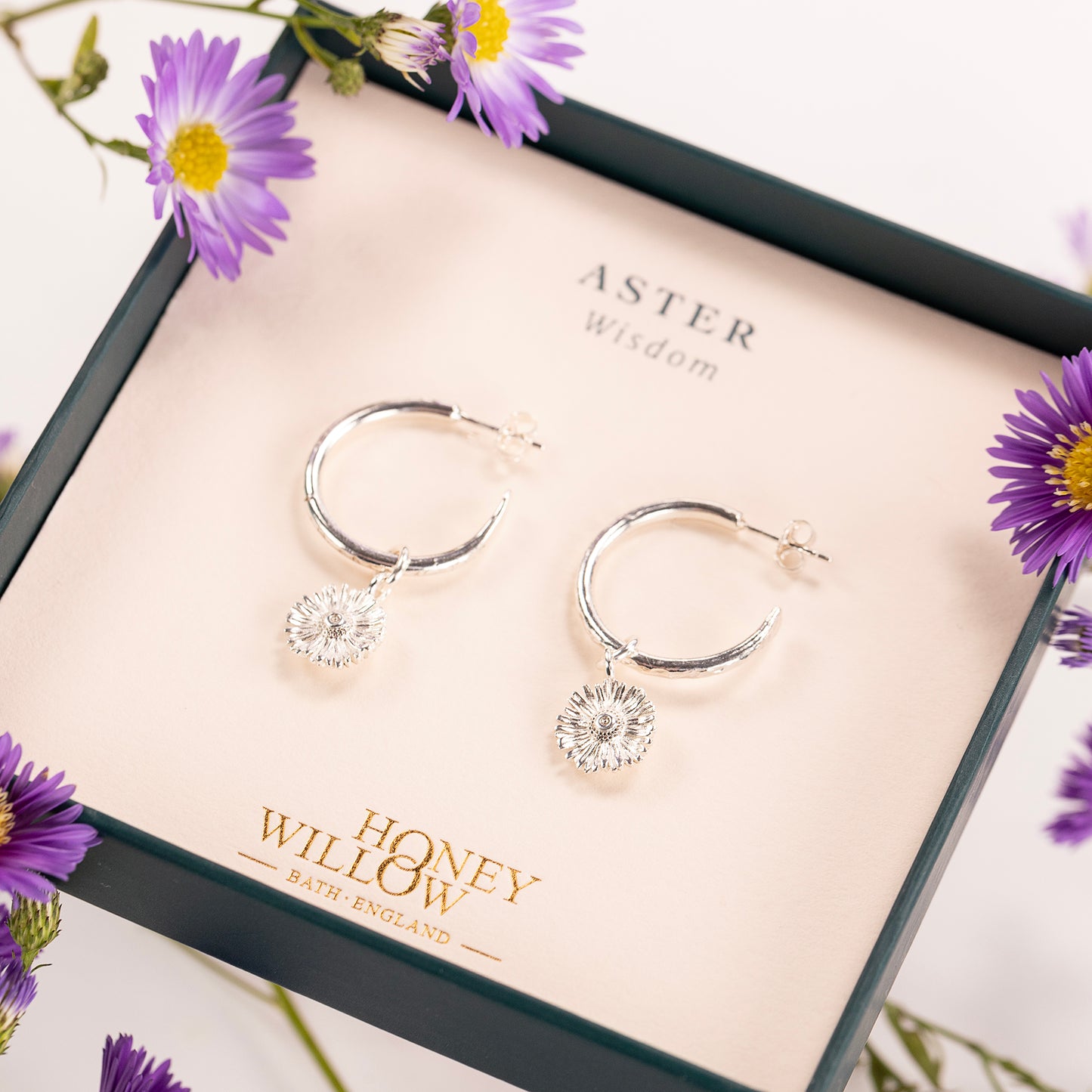 Aster Flower Hoop Earrings - Wisdom - Silver - 2cm