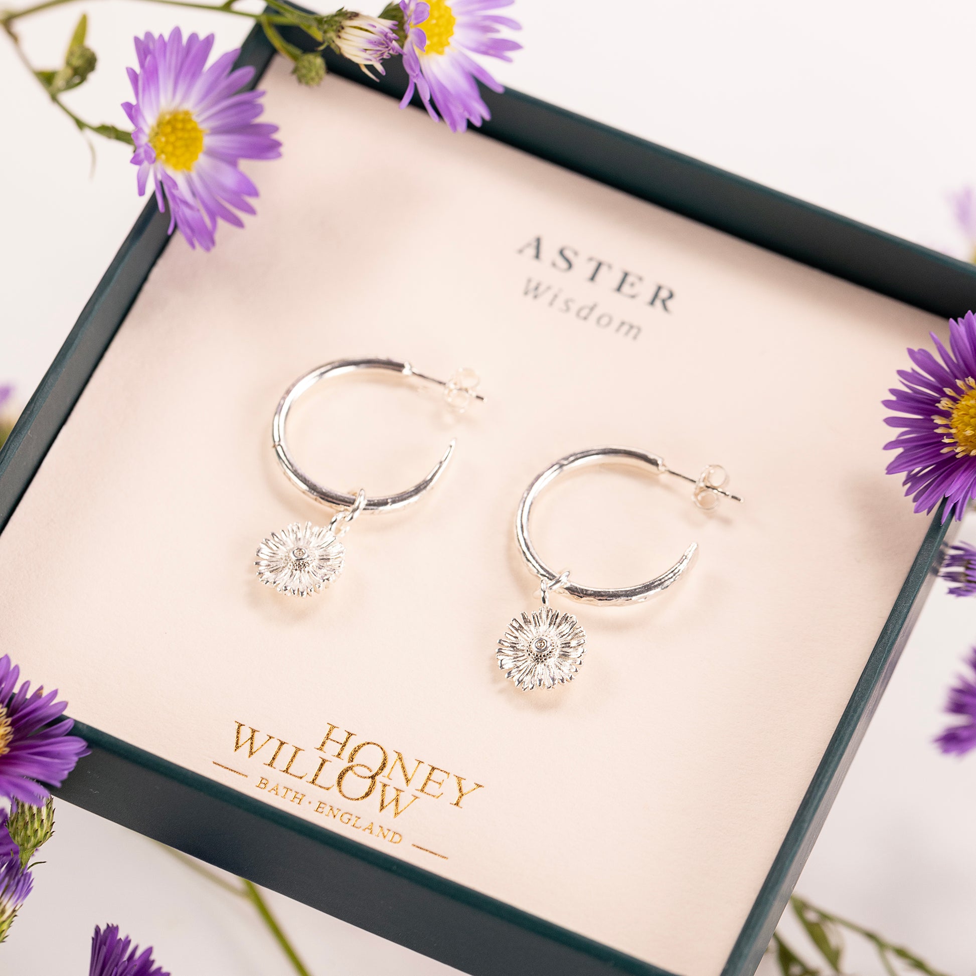 Aster Flower Hoop Earrings - Wisdom - Silver - 2cm