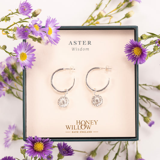 Aster Flower Hoop Earrings - Wisdom - Silver - 2cm
