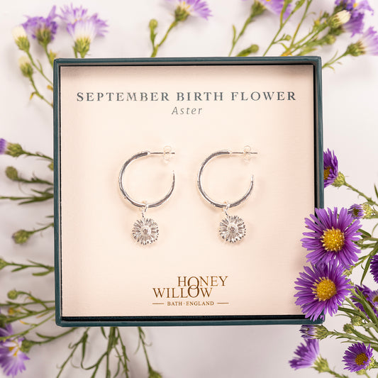 September Birth Flower Hoop Earrings - Aster - Silver - 2cm