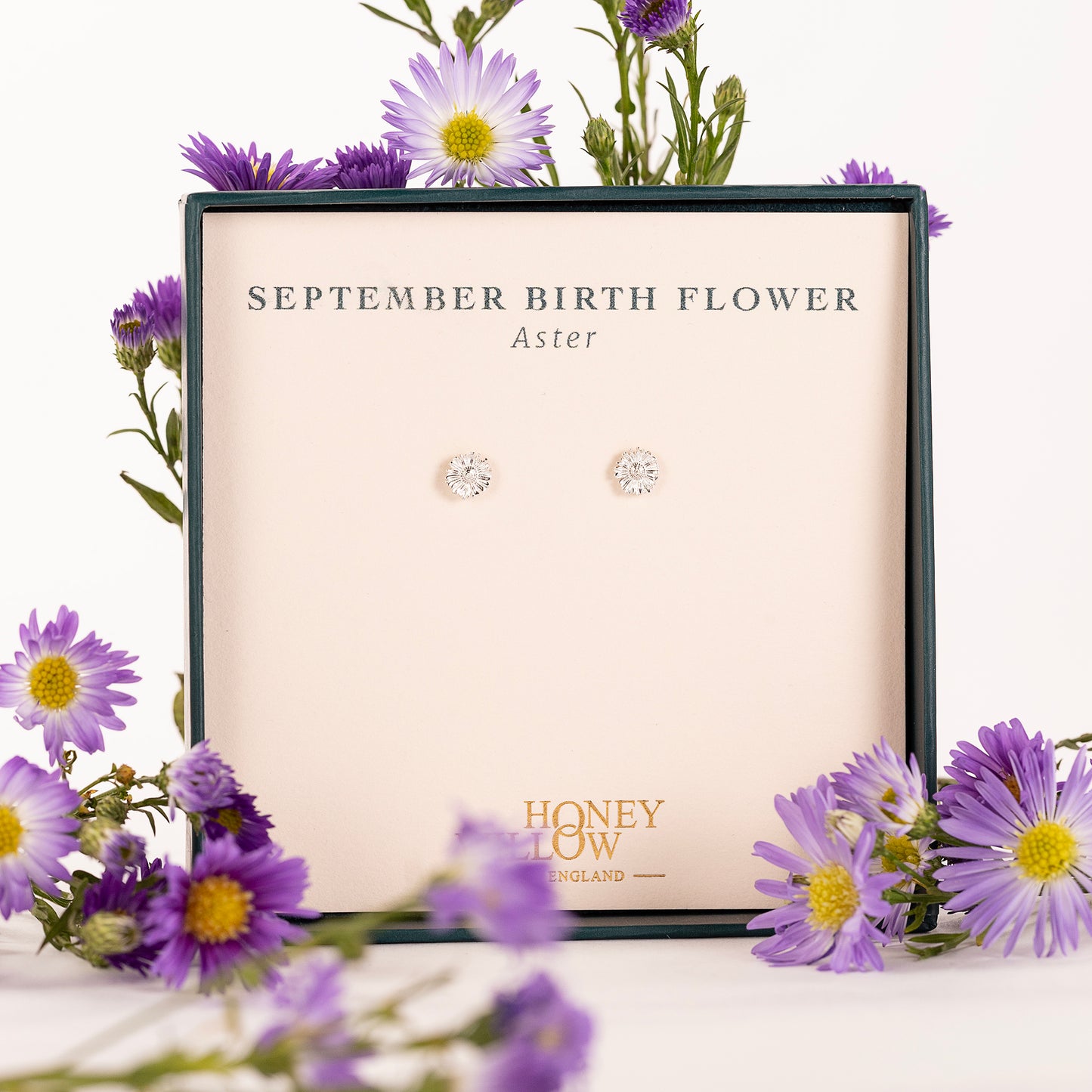 September Birth Flower Stud Earrings - Aster - Silver