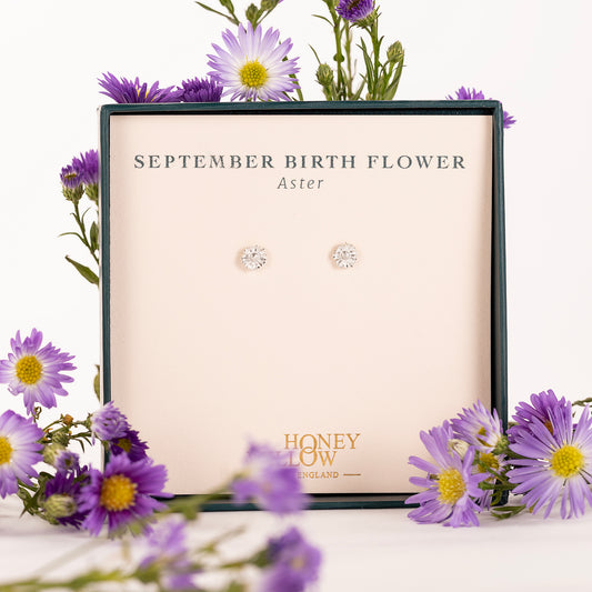 September Birth Flower Stud Earrings - Aster - Silver