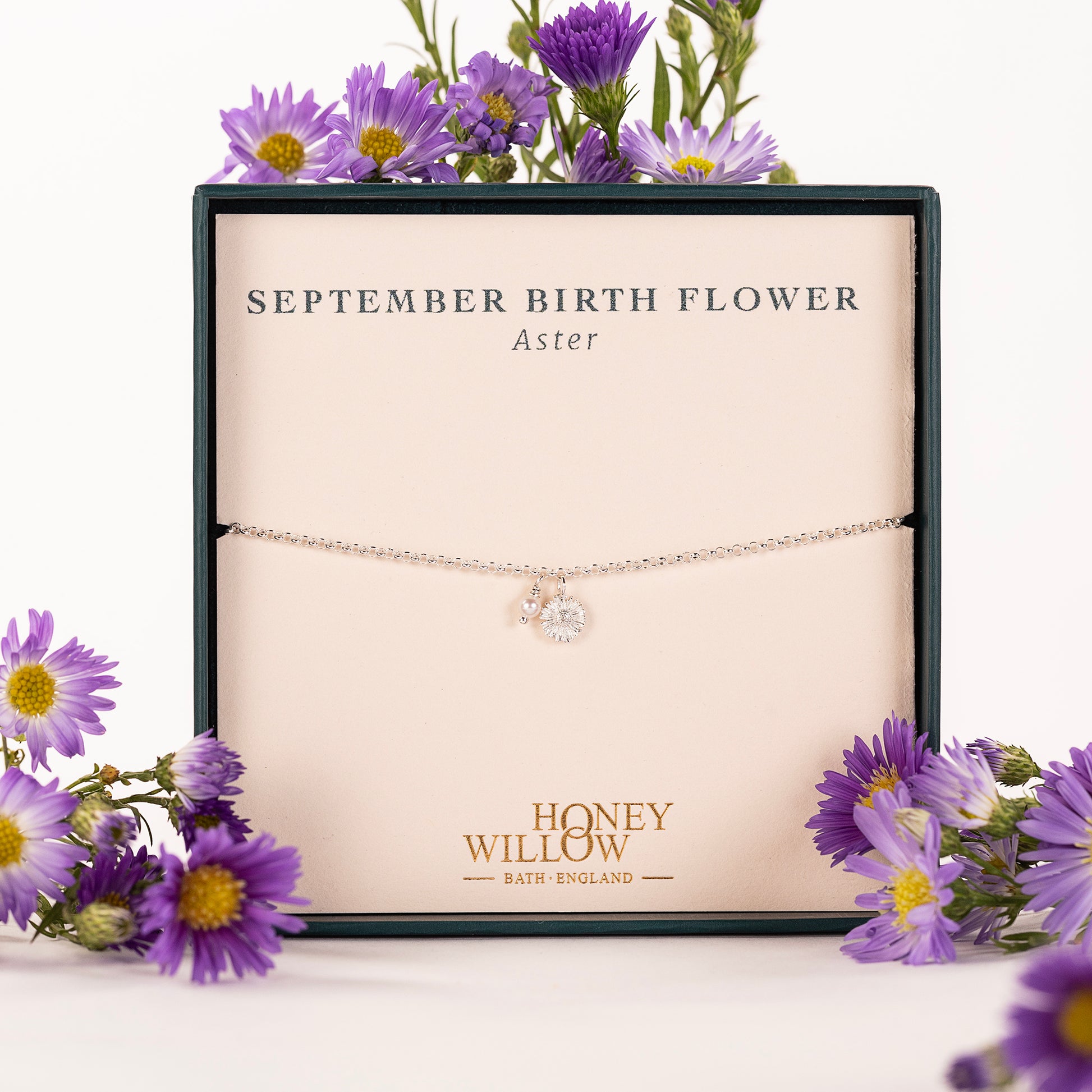 September Birth Flower Bracelet - Aster & Pearl - Silver