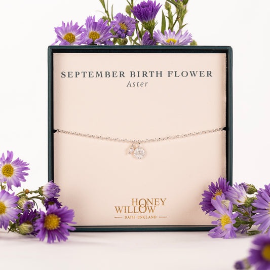 September Birth Flower Bracelet - Aster & Pearl - Silver