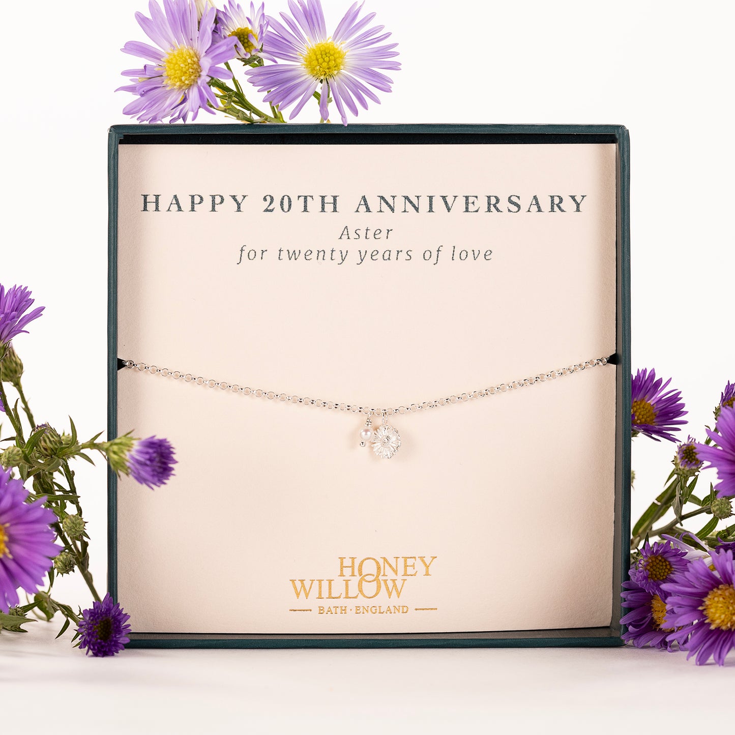20th Anniversary Gift - Delicate Aster Flower & Pearl Bracelet - Silver