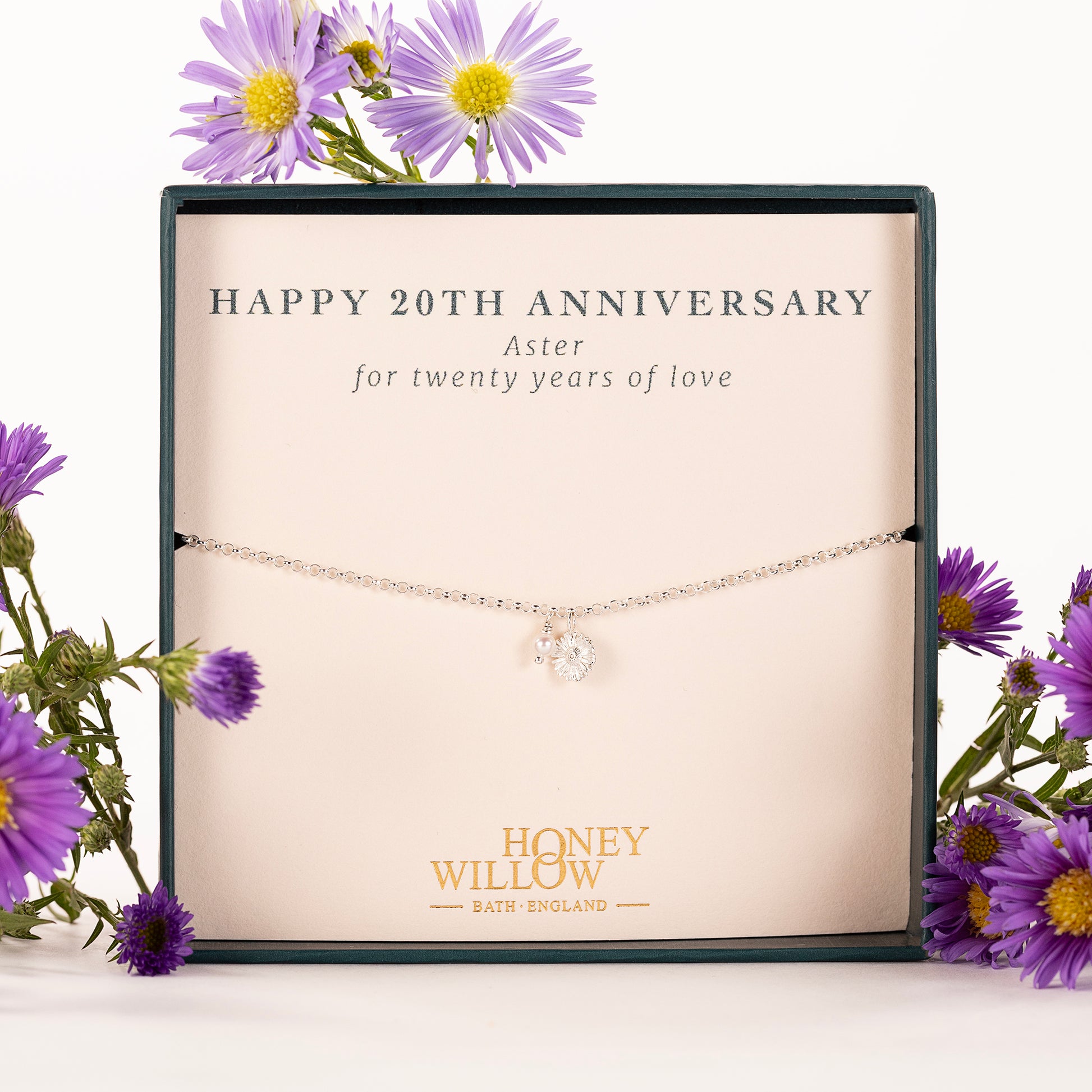 20th Anniversary Gift - Delicate Aster Flower & Pearl Bracelet - Silver