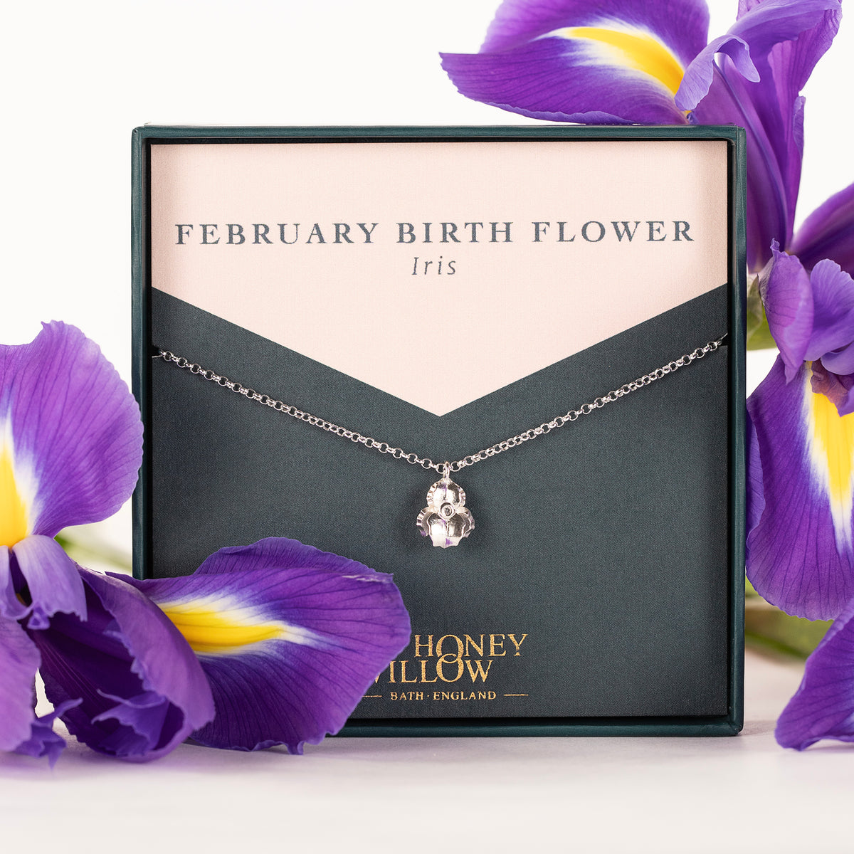 February Birth Flower Necklace - Iris - Silver