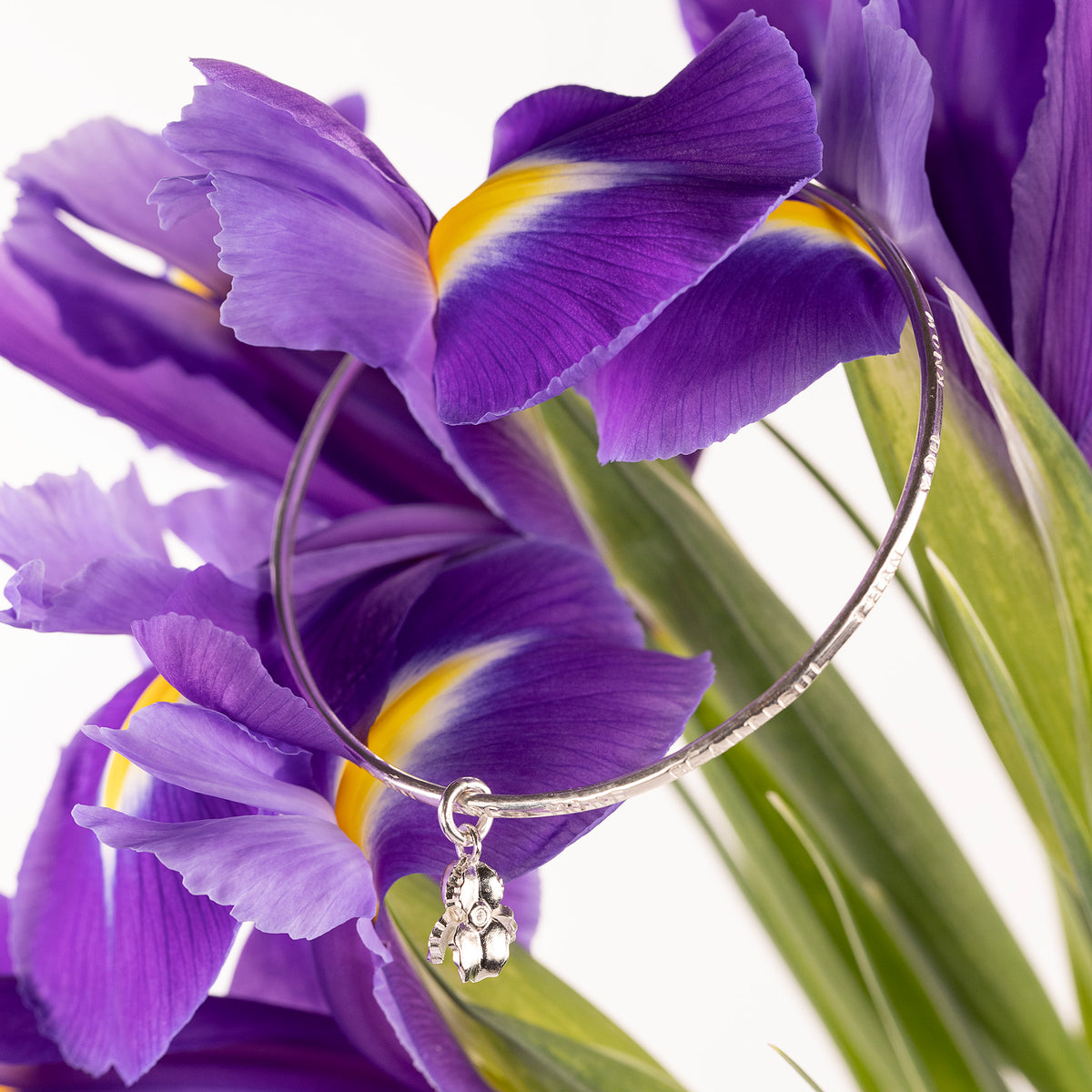 February Birth Flower Jewellery - Personalised Iris Bangle - Silver