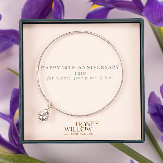 25th Anniversary Gift - Personalised Iris Flower Bangle - Silver