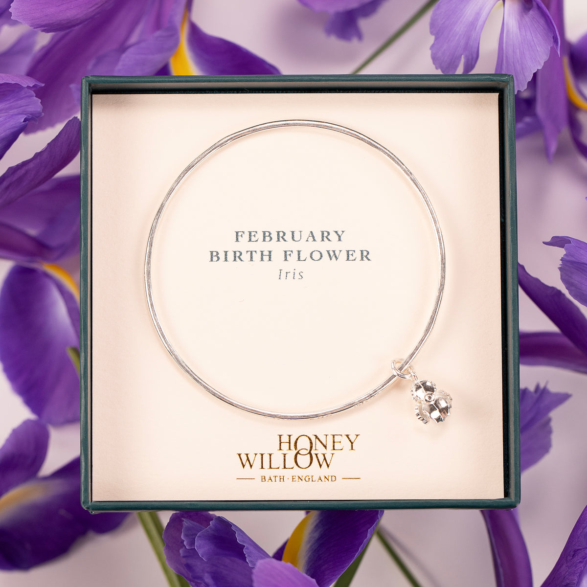 February Birth Flower Jewellery - Personalised Iris Bangle - Silver
