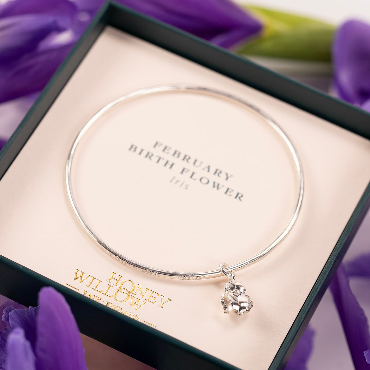 February Birth Flower Jewellery - Personalised Iris Bangle - Silver