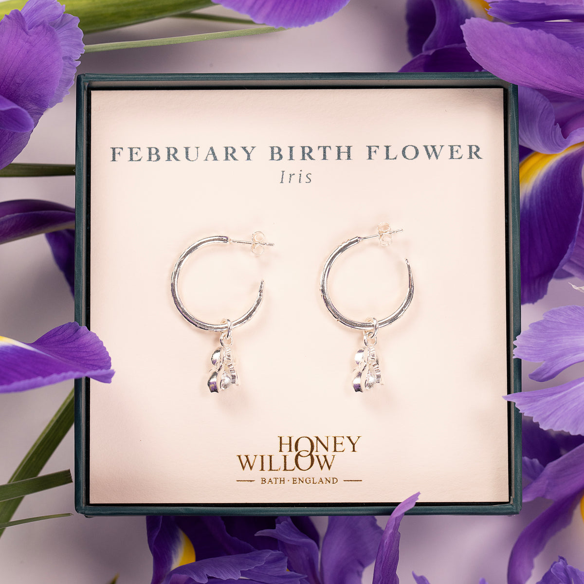 February Birth Flower Hoop Earrings - Iris - Silver - 2cm