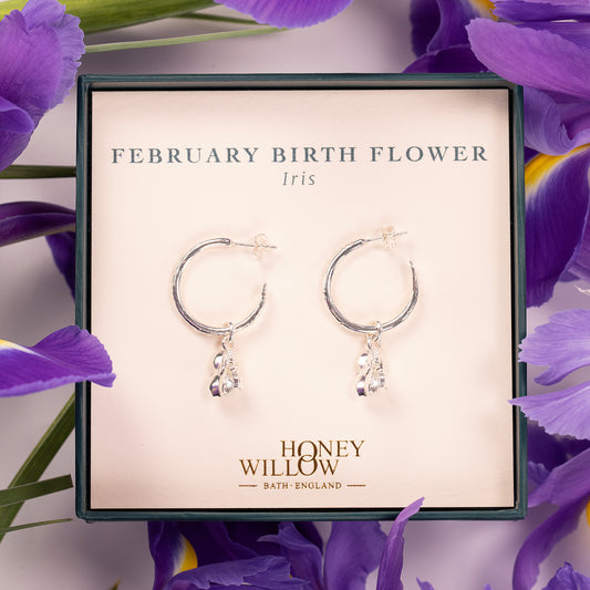 February Birth Flower Hoop Earrings - Iris - Silver - 2cm