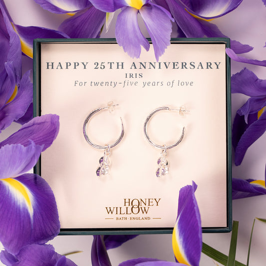 25th Anniversary Gift - Iris Flower Hoop Earrings - Silver